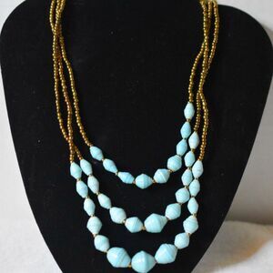 Island Party Triple Layer Gold Tone Seed Bead Chain Blue Stone 30" Necklace